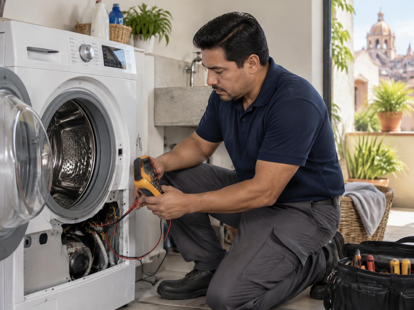 Técnico mexicano diagnosticando una lavadora en un domicilio de Puebla